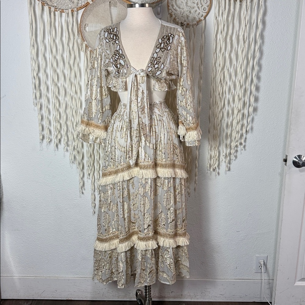 Papa Pia Crean and Gold Cropped Top and Maxi Skirt Festival Gypsy Set O/S